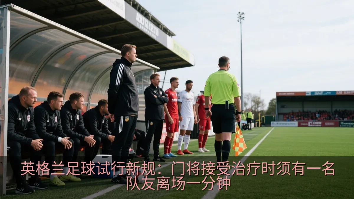 足球场边裁判与教练组在比赛暂停期间交流